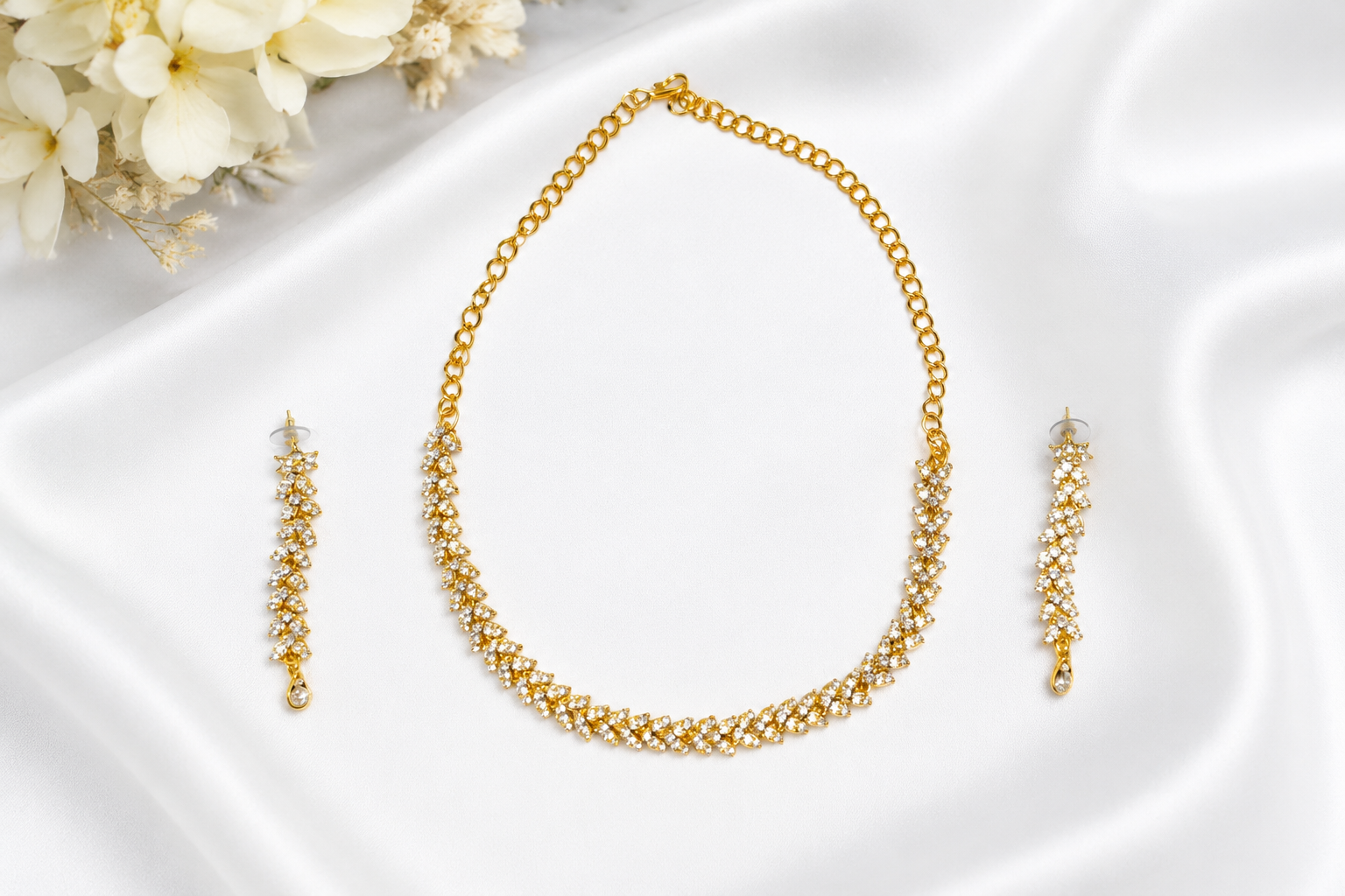 women's elegant crystal leaf necklace, maang tikka& earrings jewellery set women's elegant crystal leaf necklace, maang tikka& earrings jewellery set