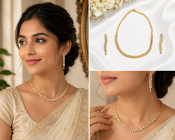 women's elegant crystal leaf necklace, maang tikka& earrings jewellery set