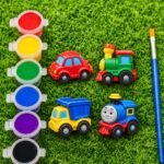 diy toys painting kit for kids & adults | pre molded toys (car, bus, train) with 6 vibrant colours & paint brush
