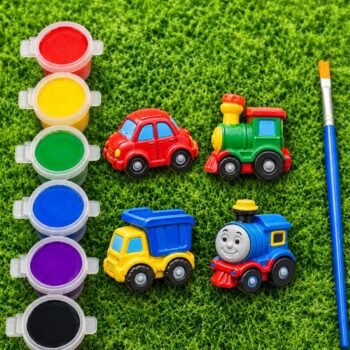 diy toys painting kit for kids & adults | pre molded toys (car, bus, train) with 6 vibrant colours & paint brush