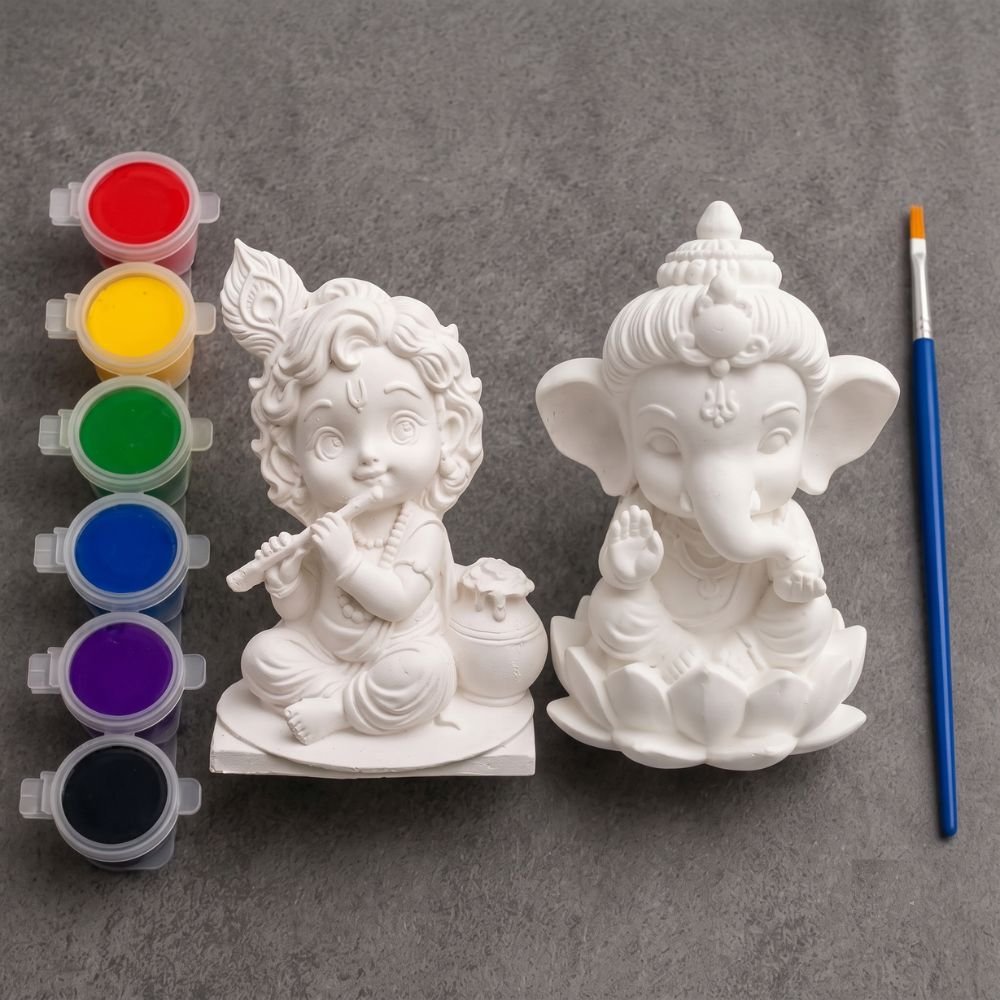 diy ganesh ji and bal krishna ji combo painting kit for kids & adults | pre molded ganesh ji and krishan ji idol with 6 vibrant colours & paint brush diy ganesh ji and bal krishna ji combo painting kit for kids & adults | pre molded ganesh ji and krishan ji idol with 6 vibrant colours & paint brush