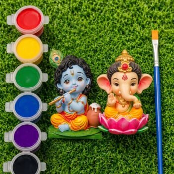 diy ganesh ji and bal krishna ji combo painting kit for kids & adults | pre molded ganesh ji and krishan ji idol with 6 vibrant colours & paint brush